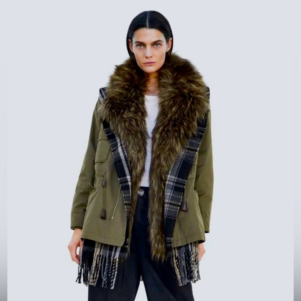 NWT ZARA CONTRAST CHECKED FAUX FUR PARKA COAT JACKET SIZE S KHAKI